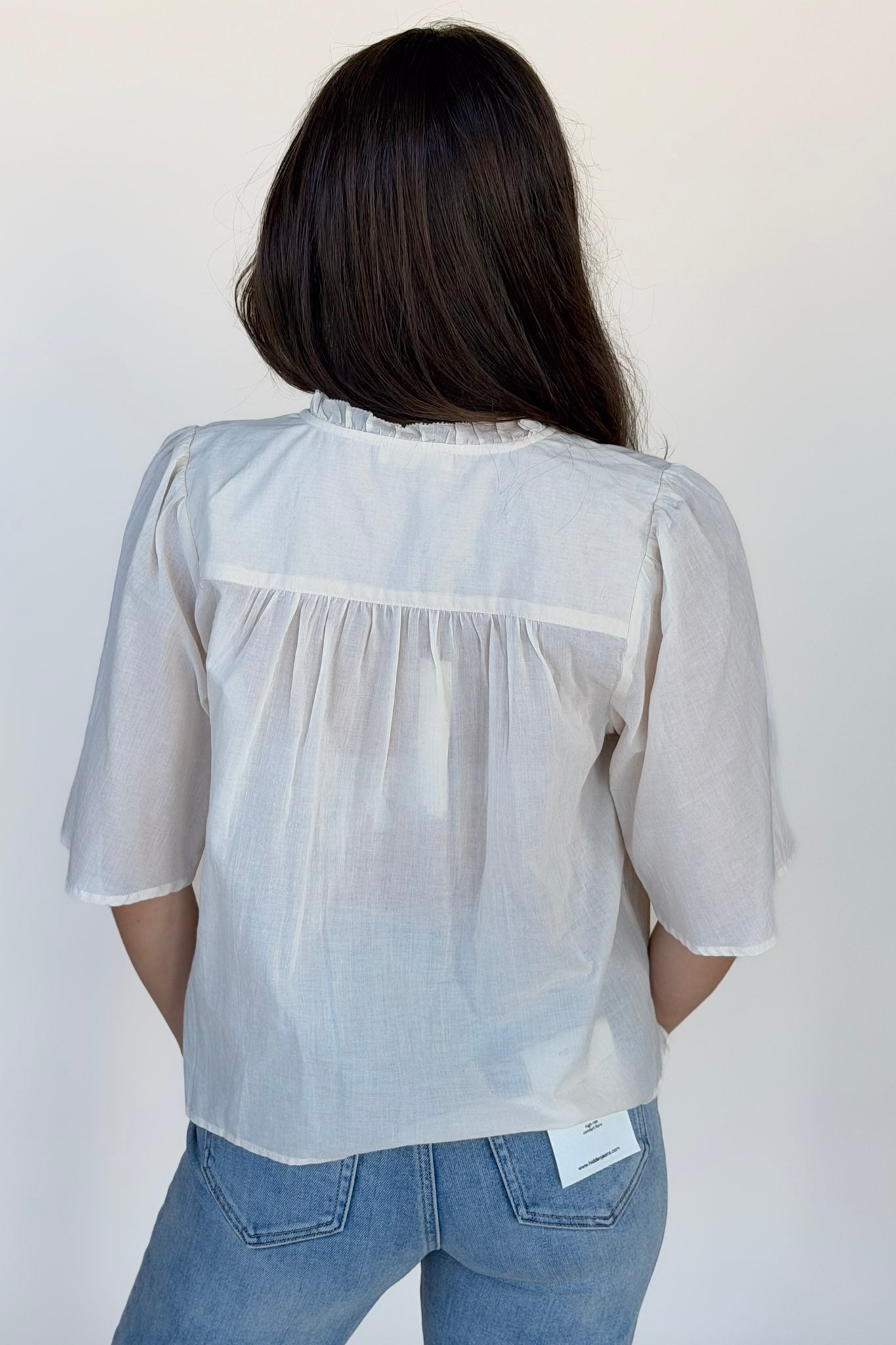 Ruffle Yoke Half Button Down