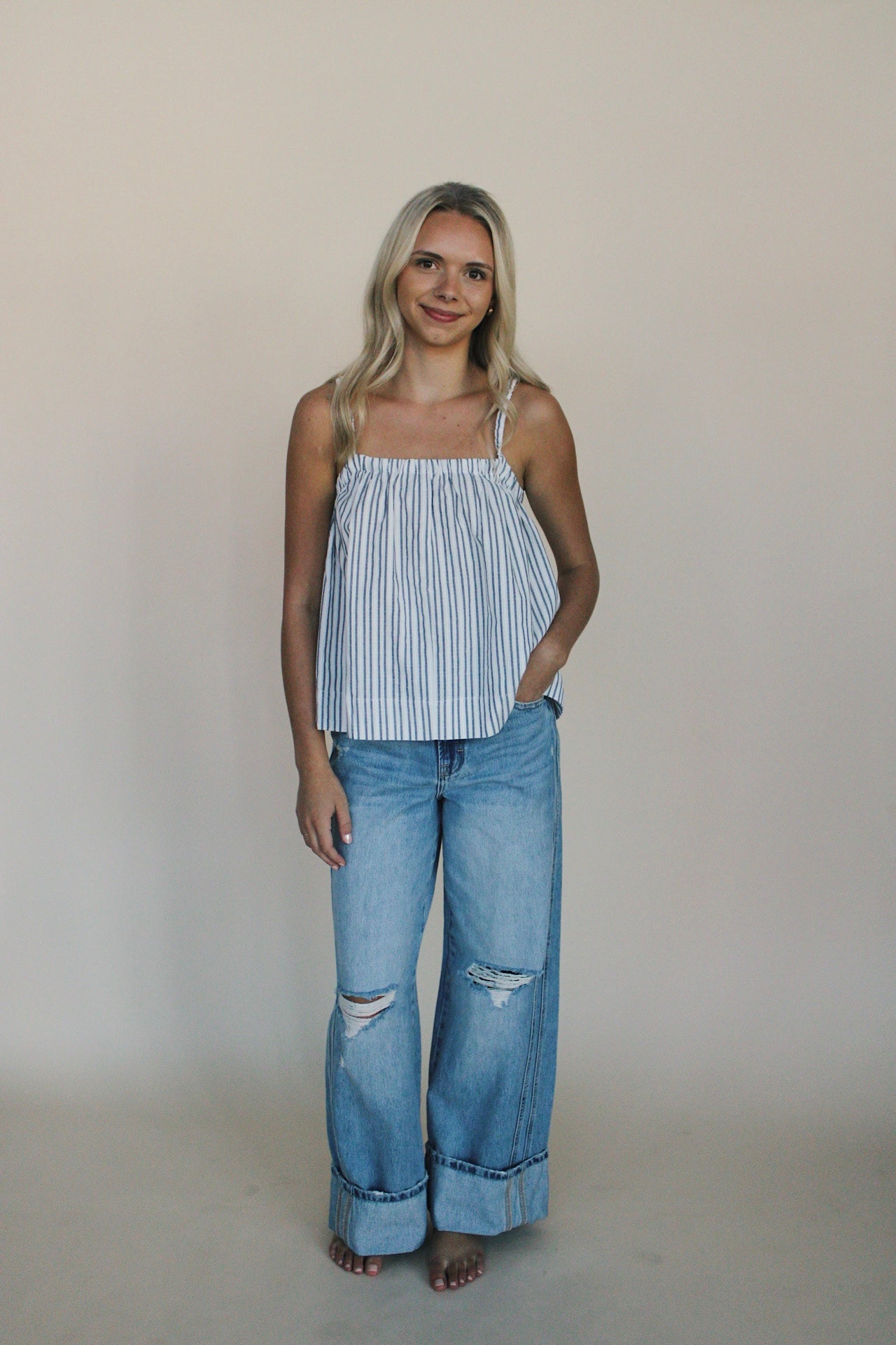 Woven Striped Sleeveless Top