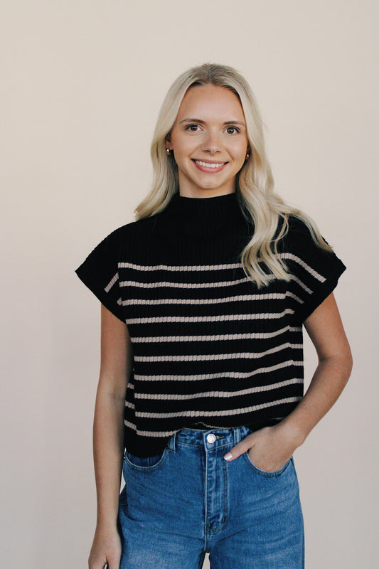 Stripe Mock Neck Short Sleeve Sweater