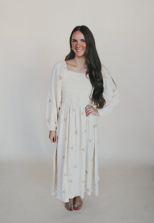 Flower Accent Smocked Midi Dress