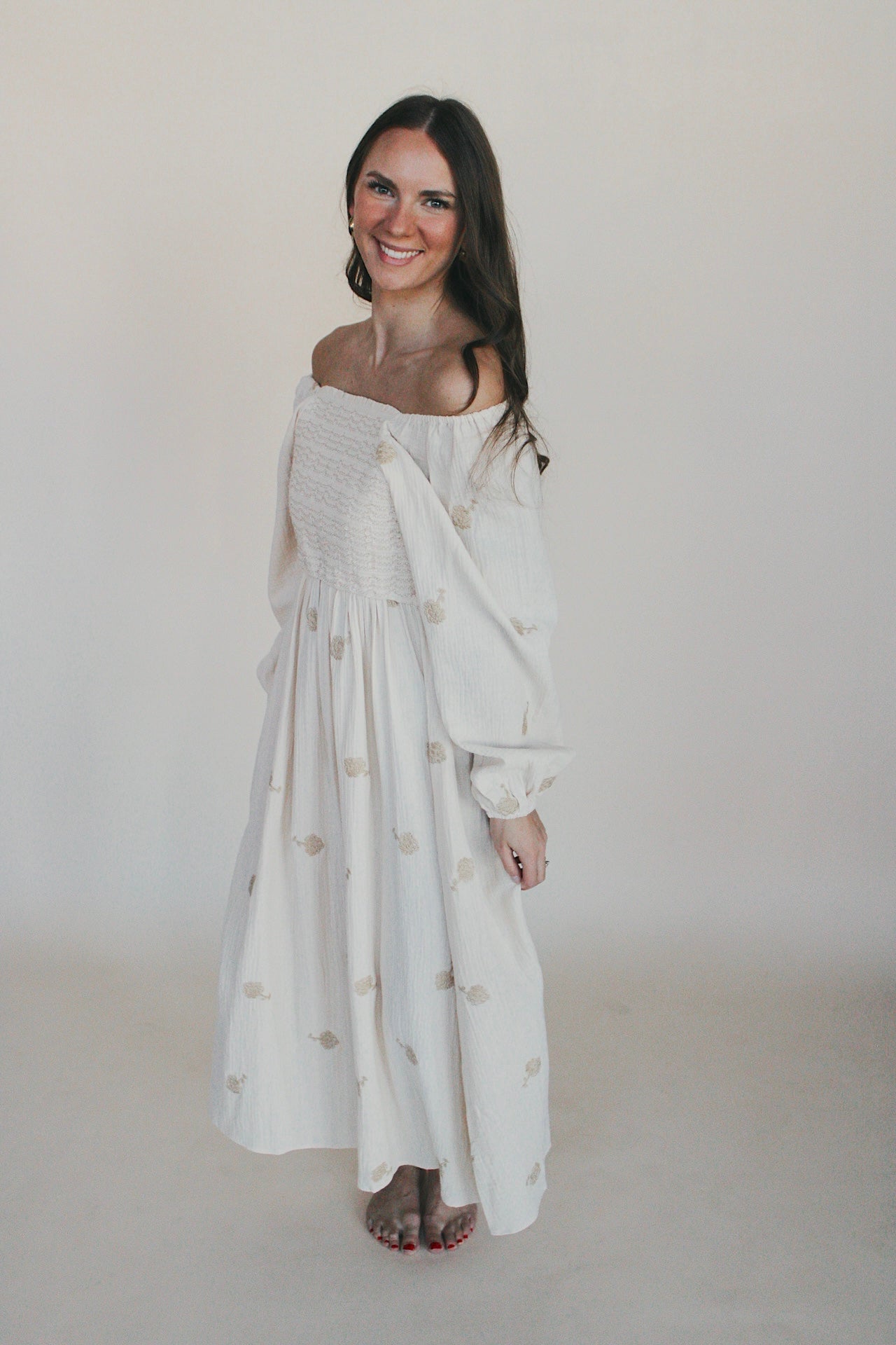 Flower Accent Smocked Midi Dress