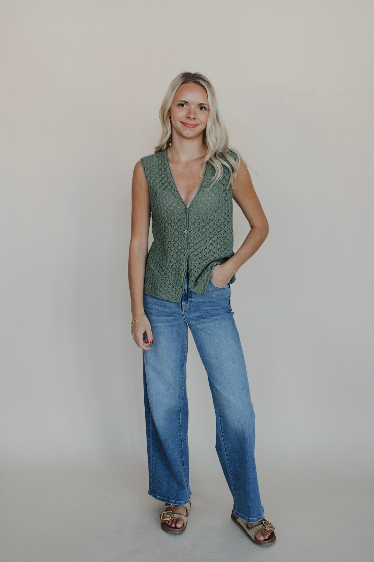 Button Up V-Neck Knit Tank