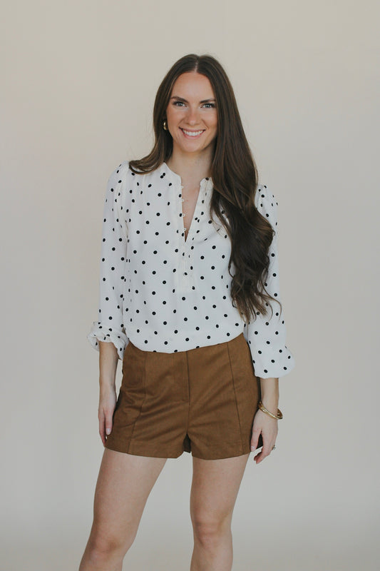 Polka Dot Henley Long Sleeve Blouse