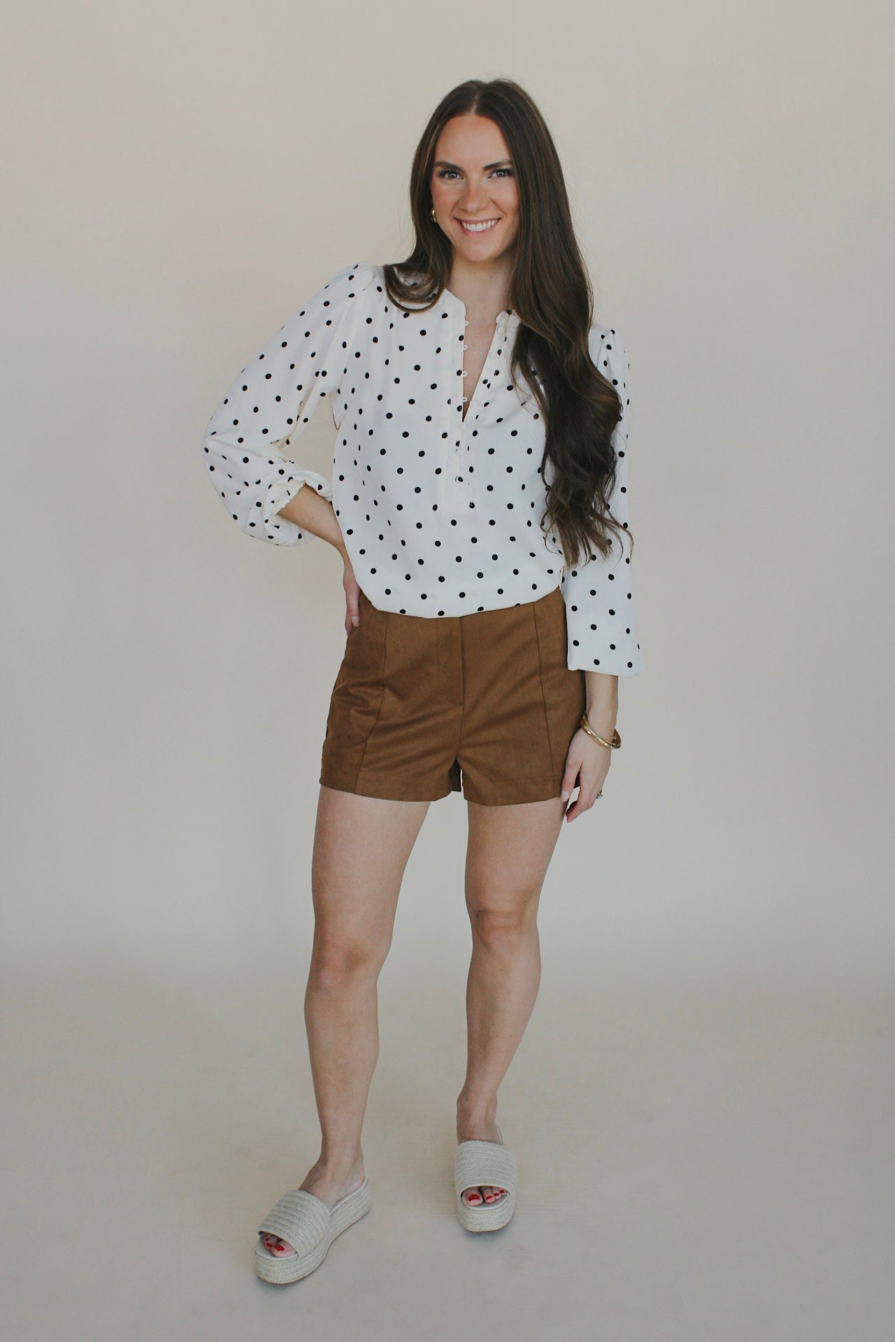 Polka Dot Henley Long Sleeve Blouse