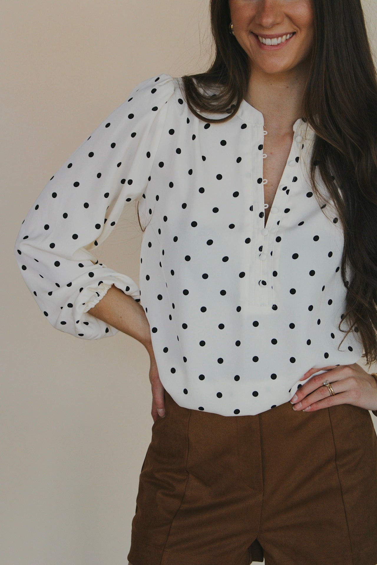 Polka Dot Henley Long Sleeve Blouse
