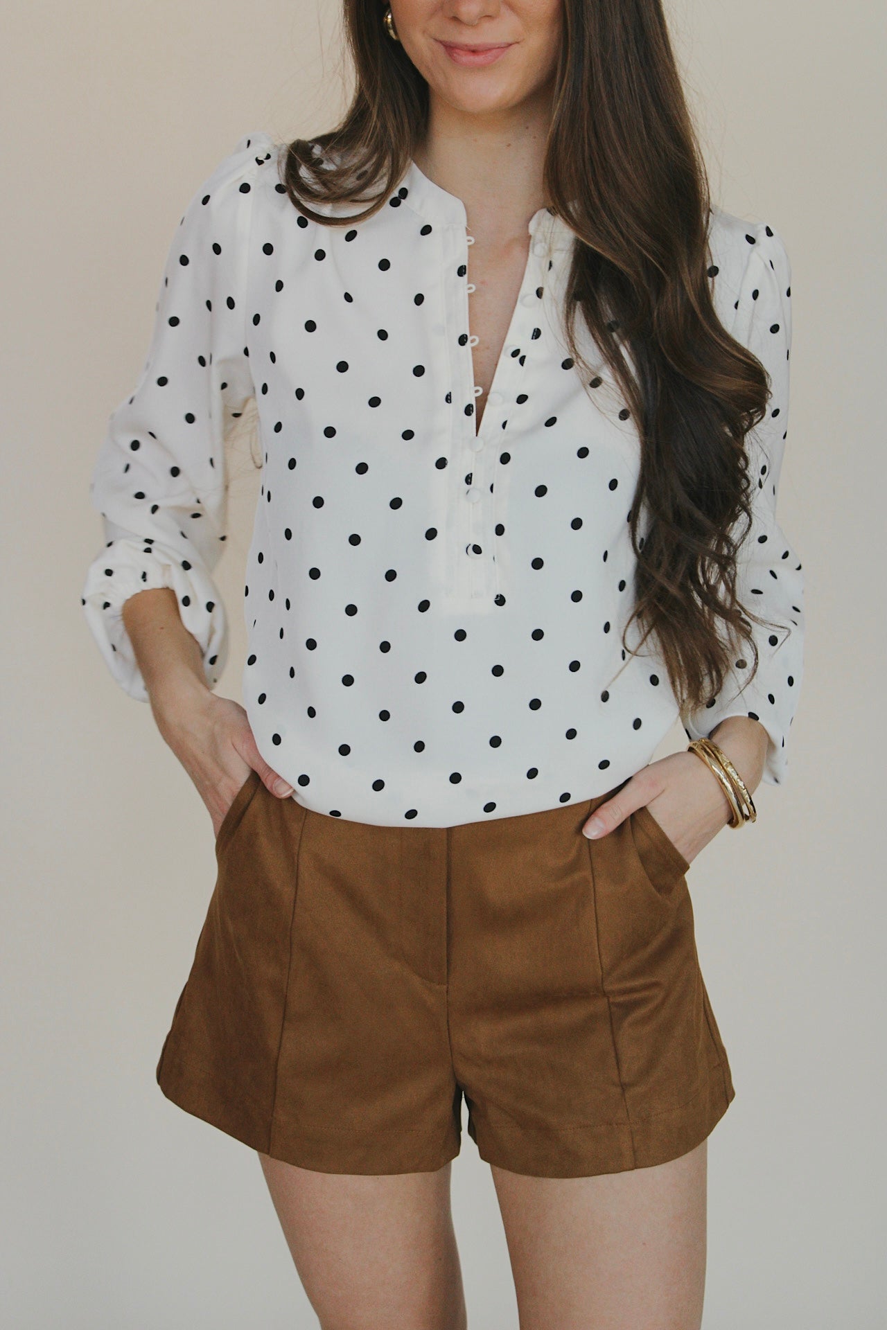 Polka Dot Henley Long Sleeve Blouse