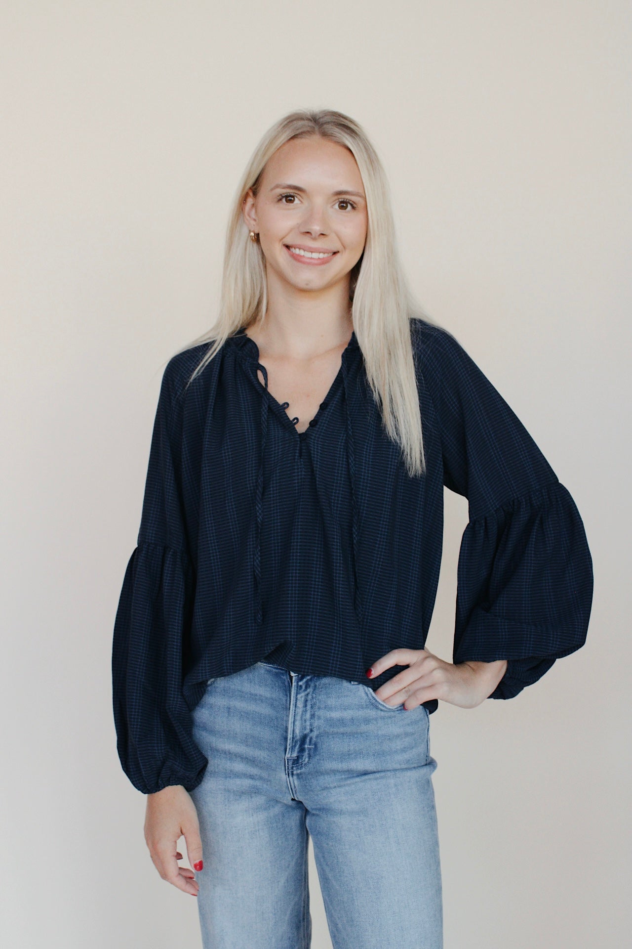 Tiered Balloon Sleeve Check Blouse