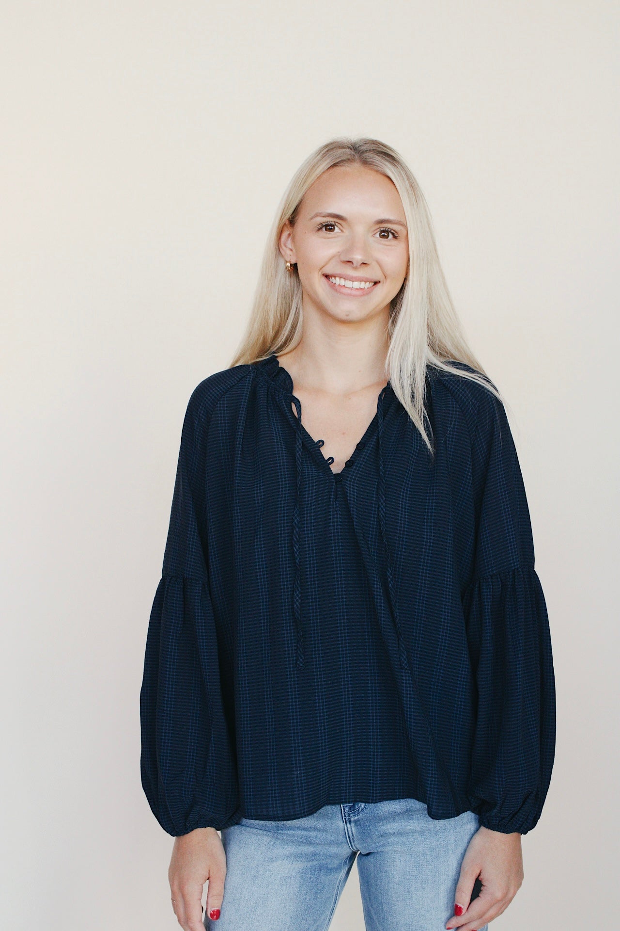 Tiered Balloon Sleeve Check Blouse