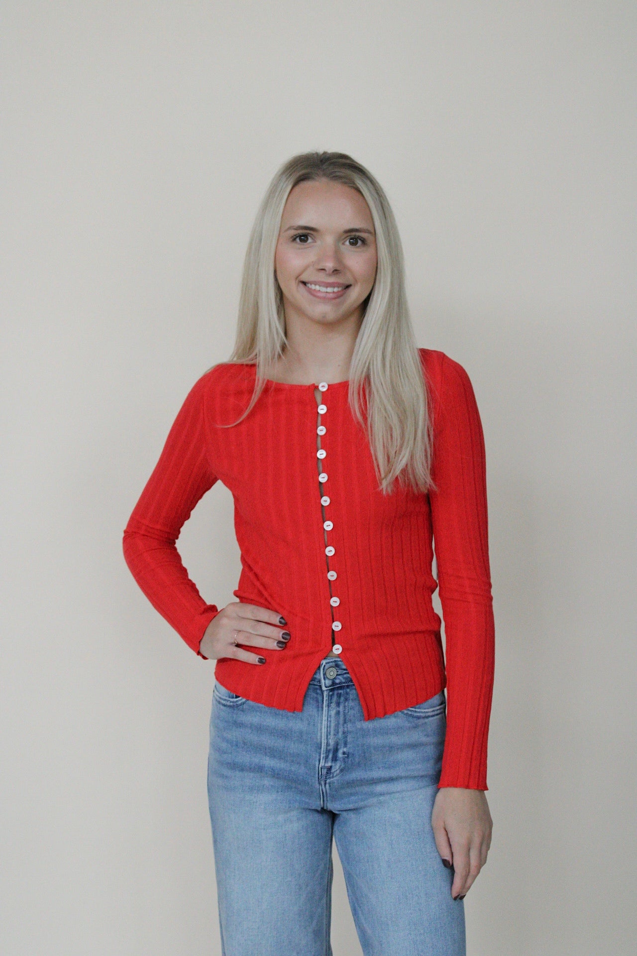 Dex Ribbed Button Front Top