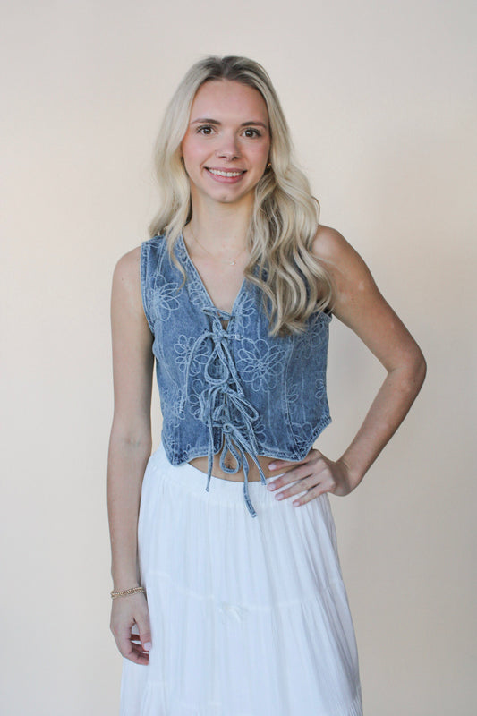 Floral washed Denim Vest