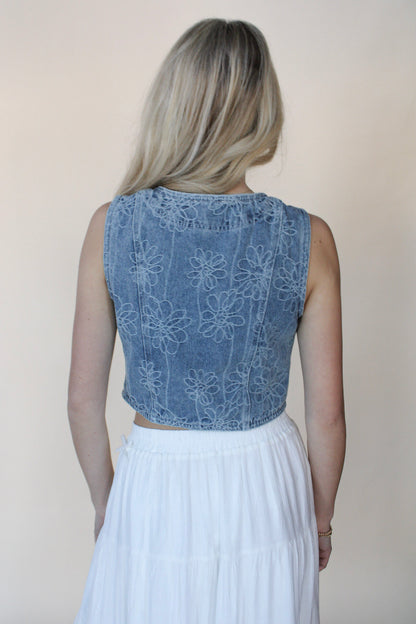 Floral washed Denim Vest