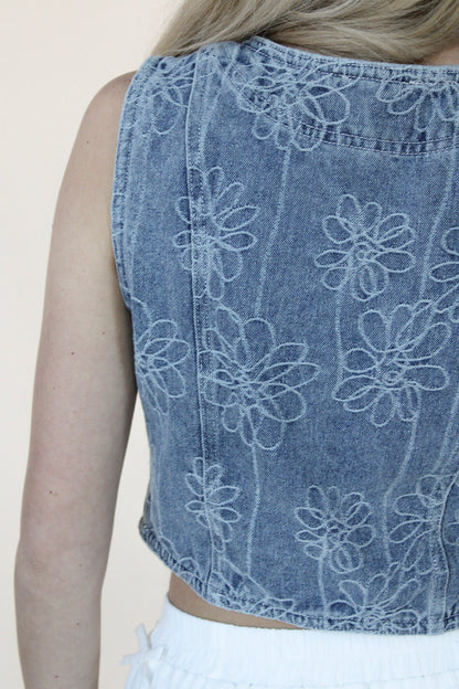 Floral washed Denim Vest