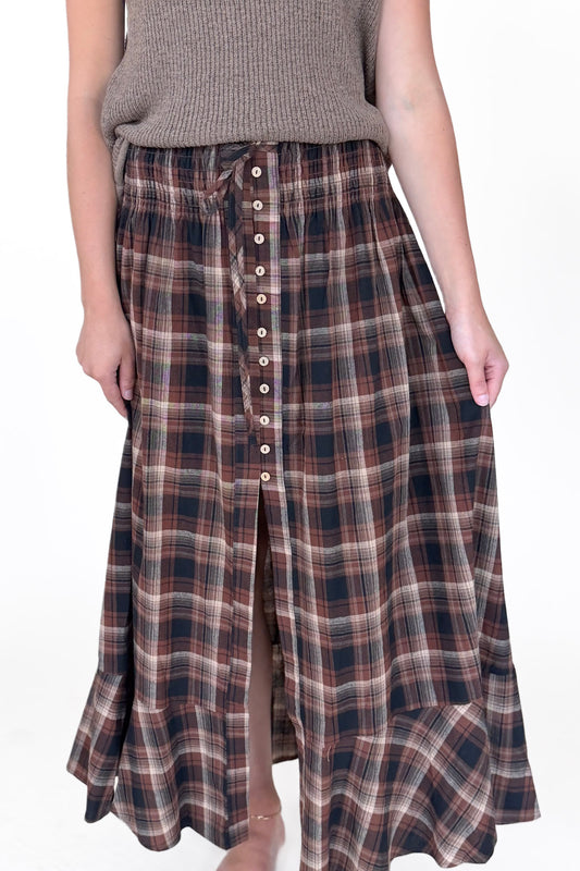 Plaid Drawstring Maxi Skirt