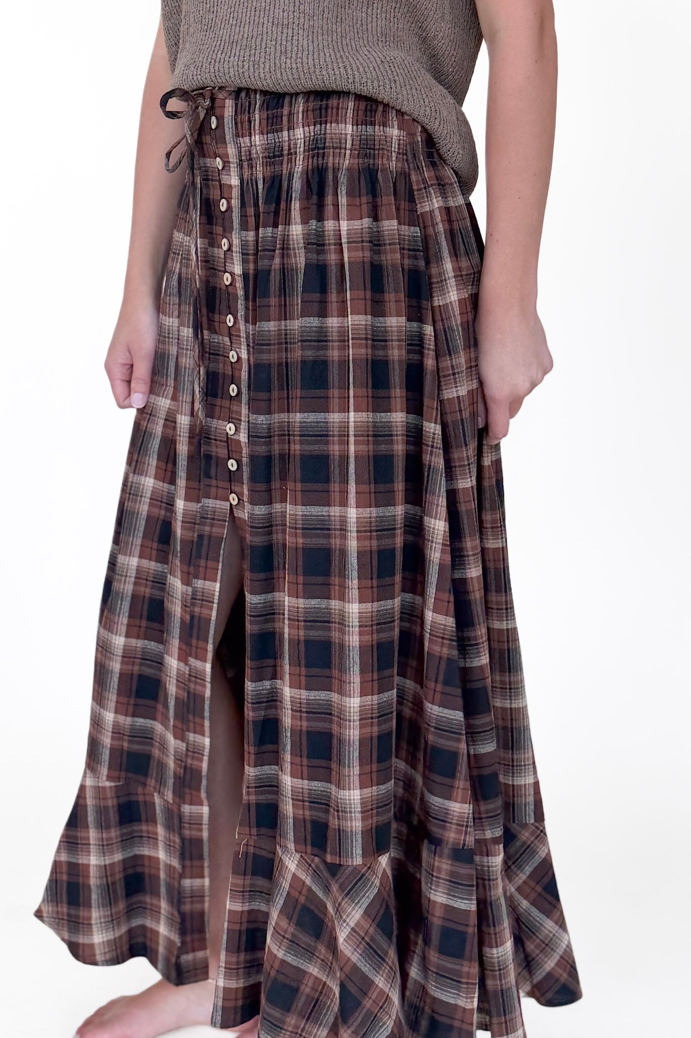 Plaid Drawstring Maxi Skirt