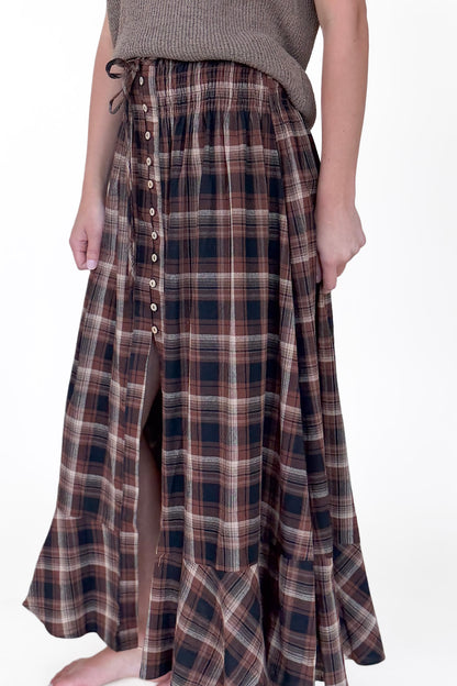 Plaid Drawstring Maxi Skirt