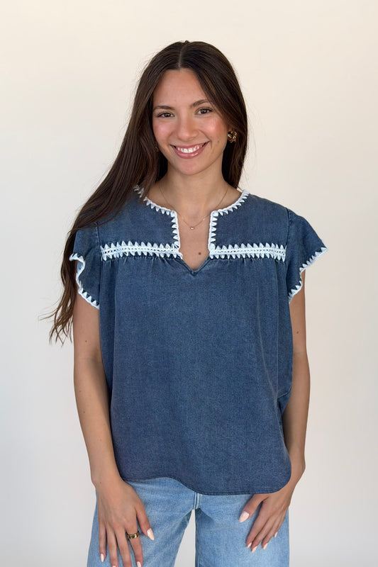 Bri Denim Flutter Top