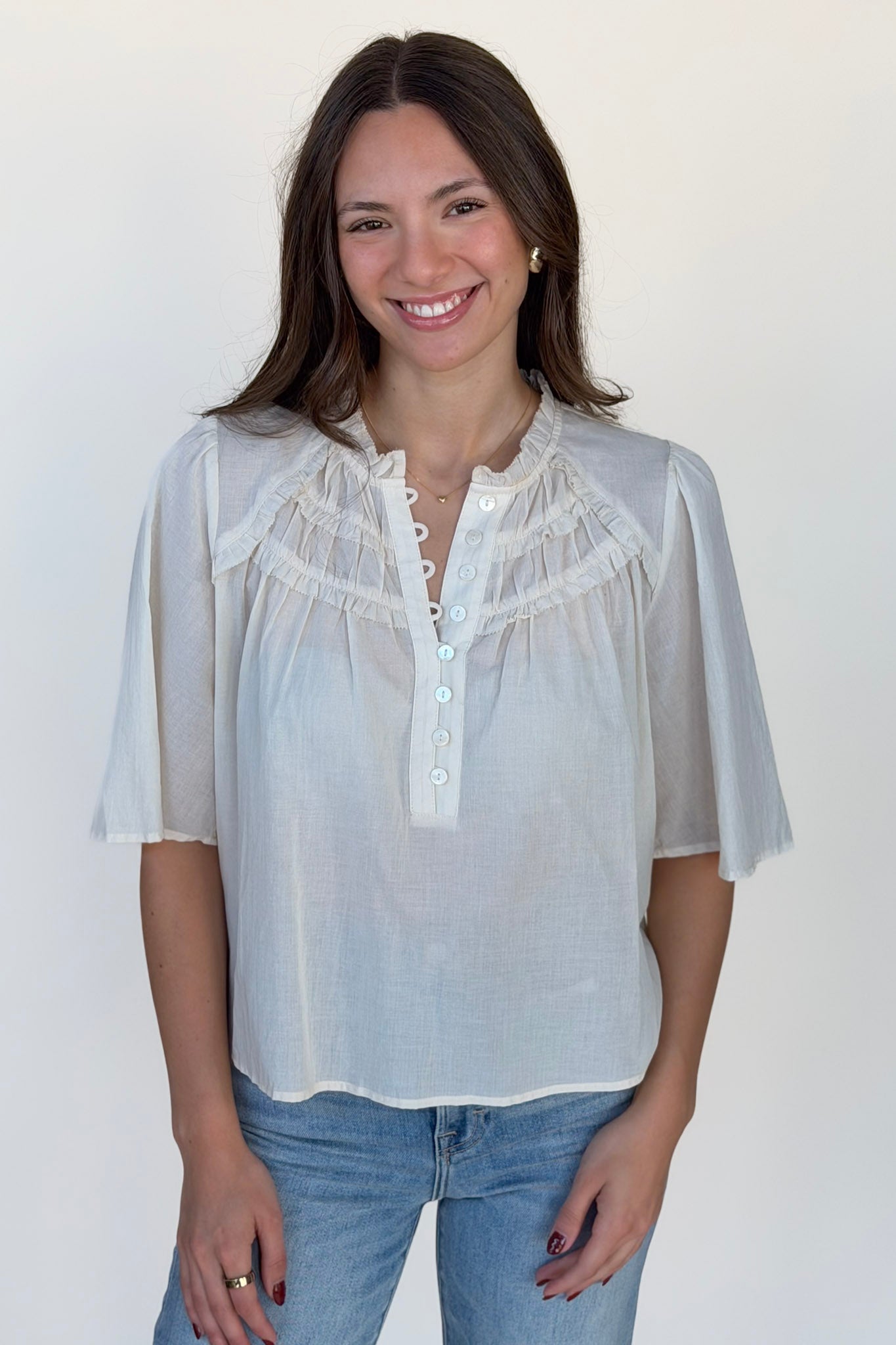 Ruffle Yoke Half Button Down