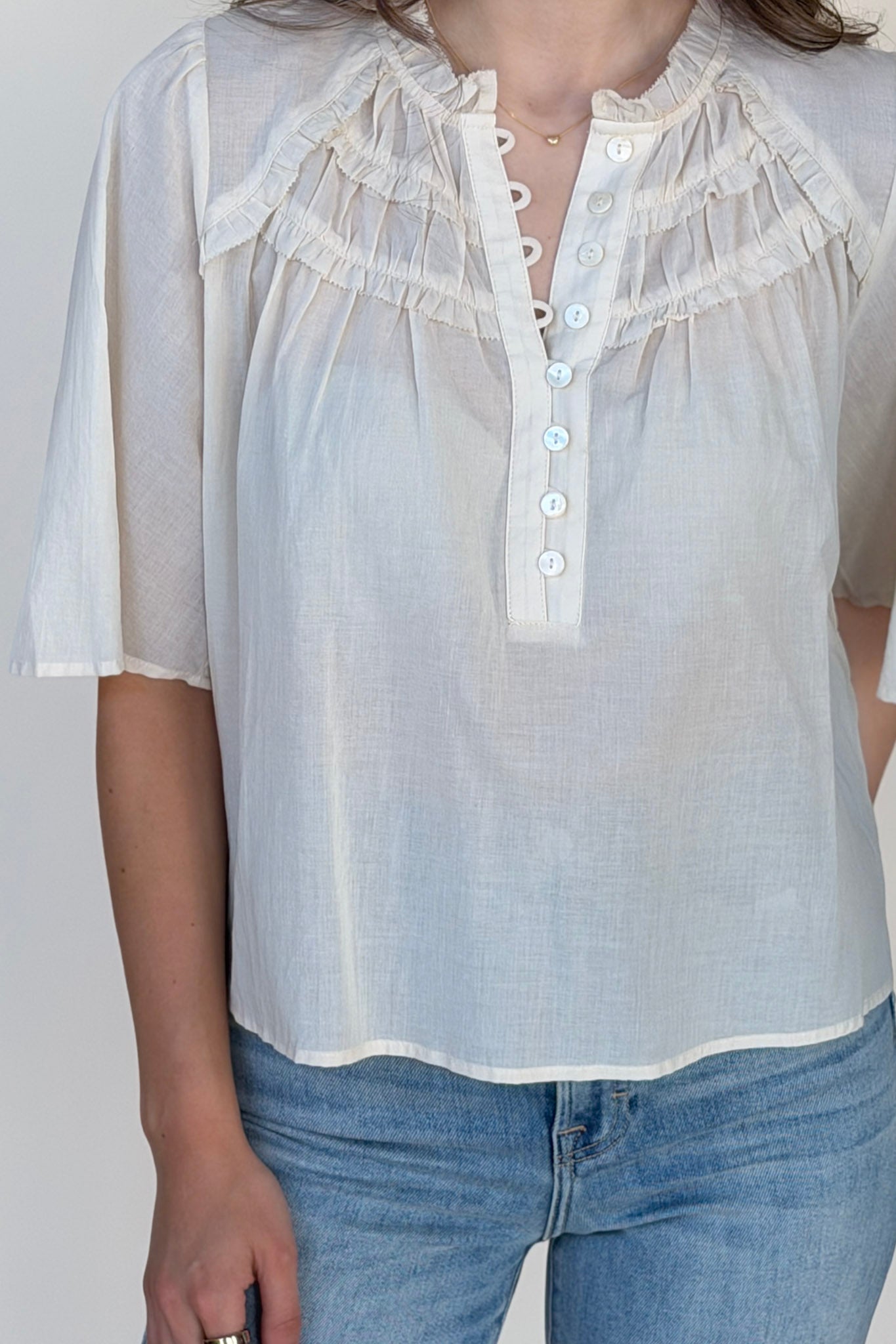 Ruffle Yoke Half Button Down