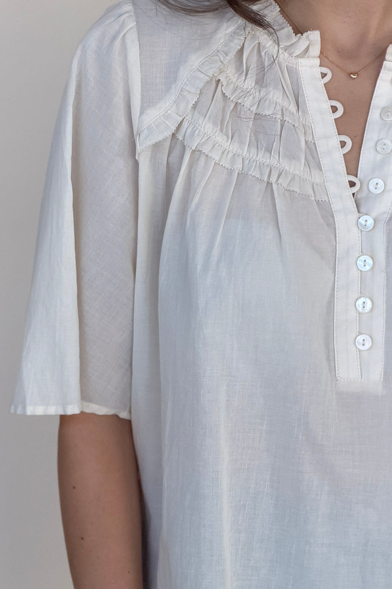 Ruffle Yoke Half Button Down