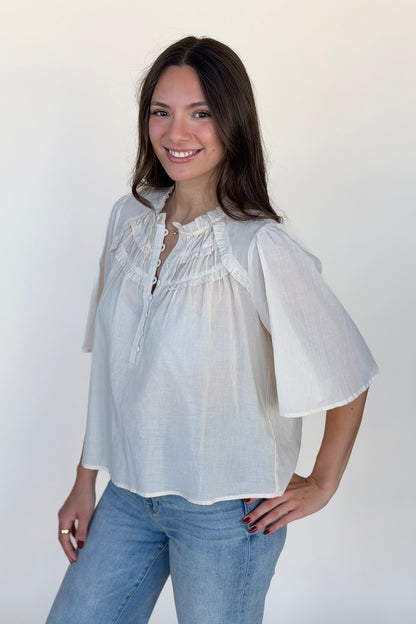 Ruffle Yoke Half Button Down