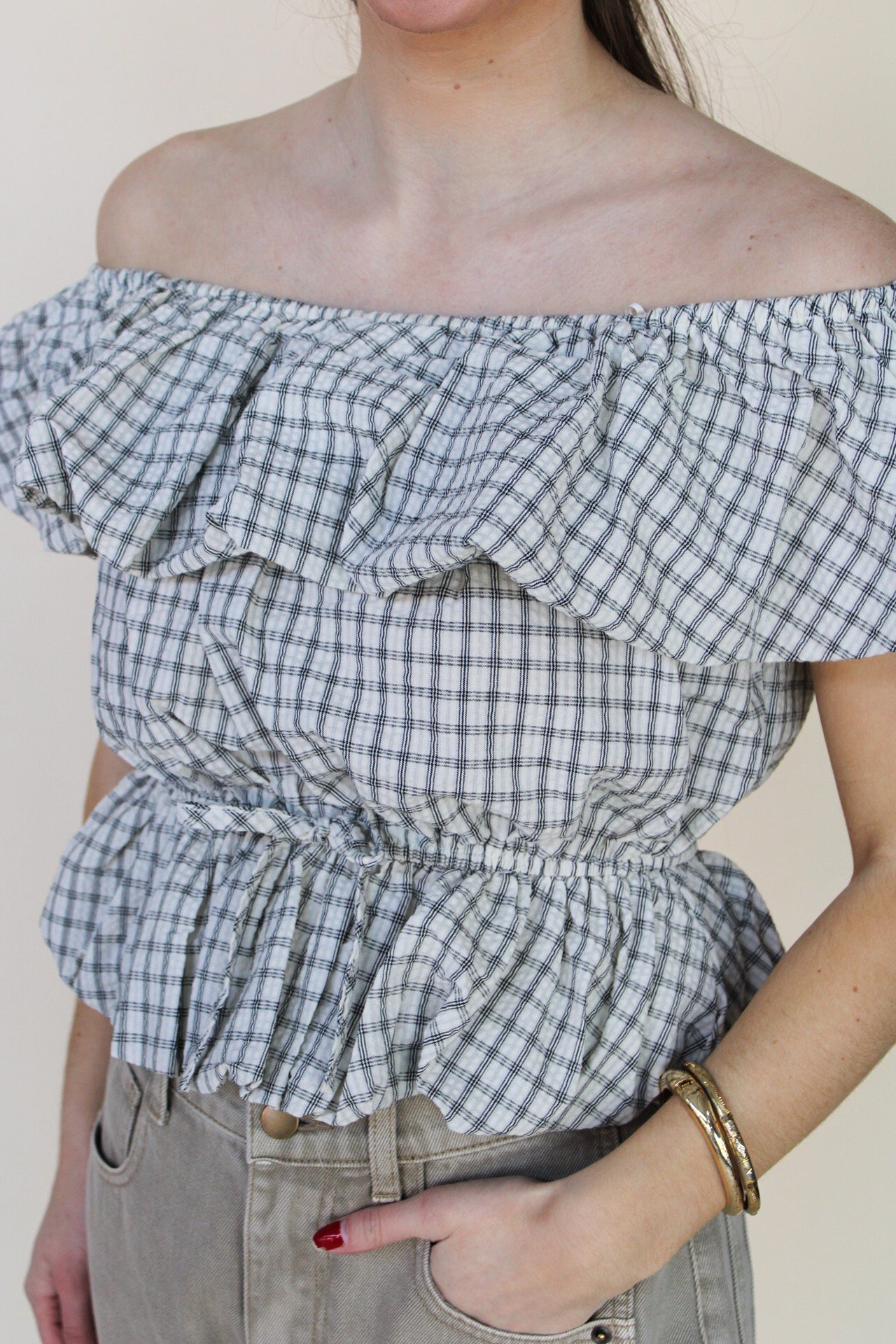 Madison Plaid Off The Shoulder Top
