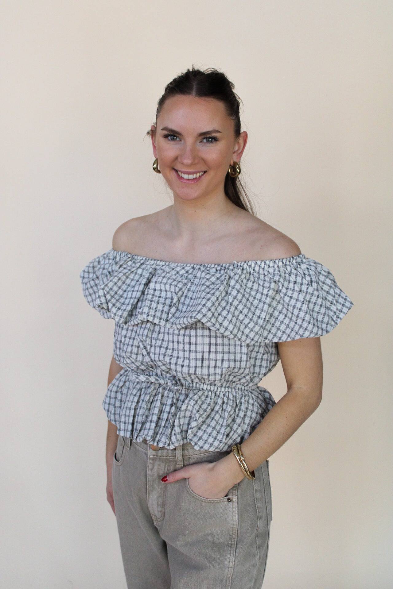Madison Plaid Off The Shoulder Top