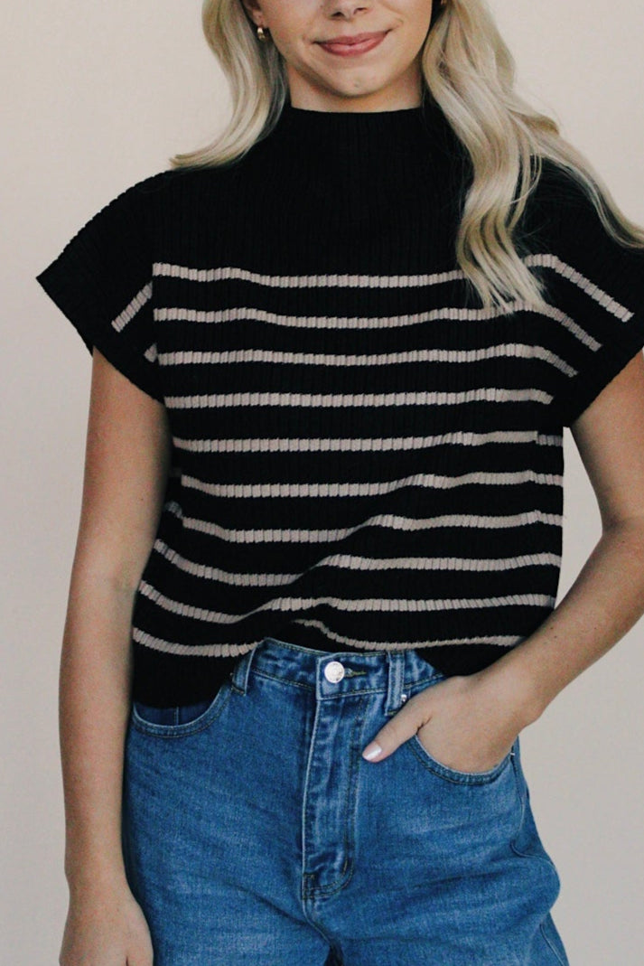 Stripe Mock Neck Short Sleeve Sweater