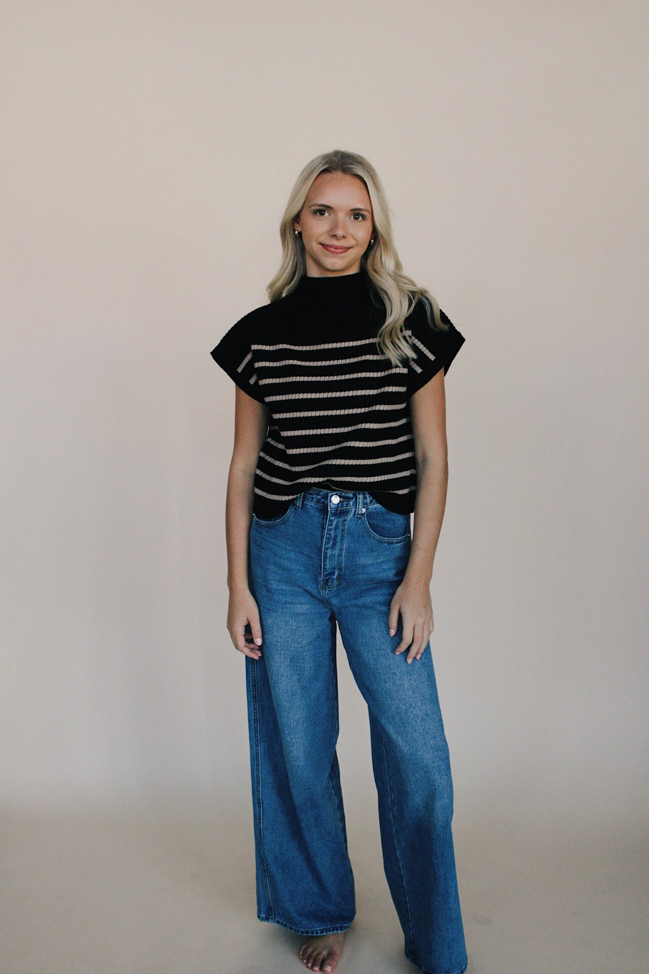 Stripe Mock Neck Short Sleeve Sweater