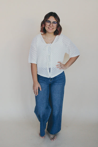 Pointelle Crochet Tie Front Top