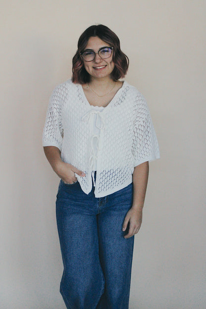 Pointelle Crochet Tie Front Top