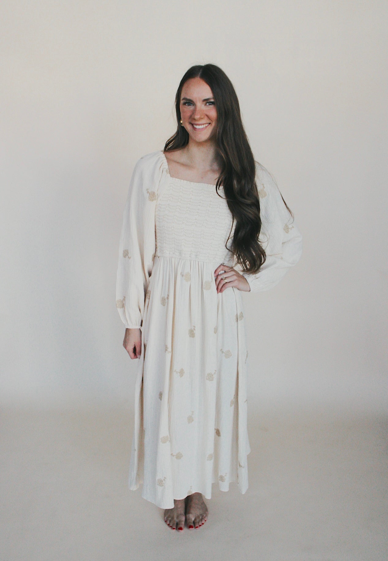 Flower Accent Smocked Midi Dress