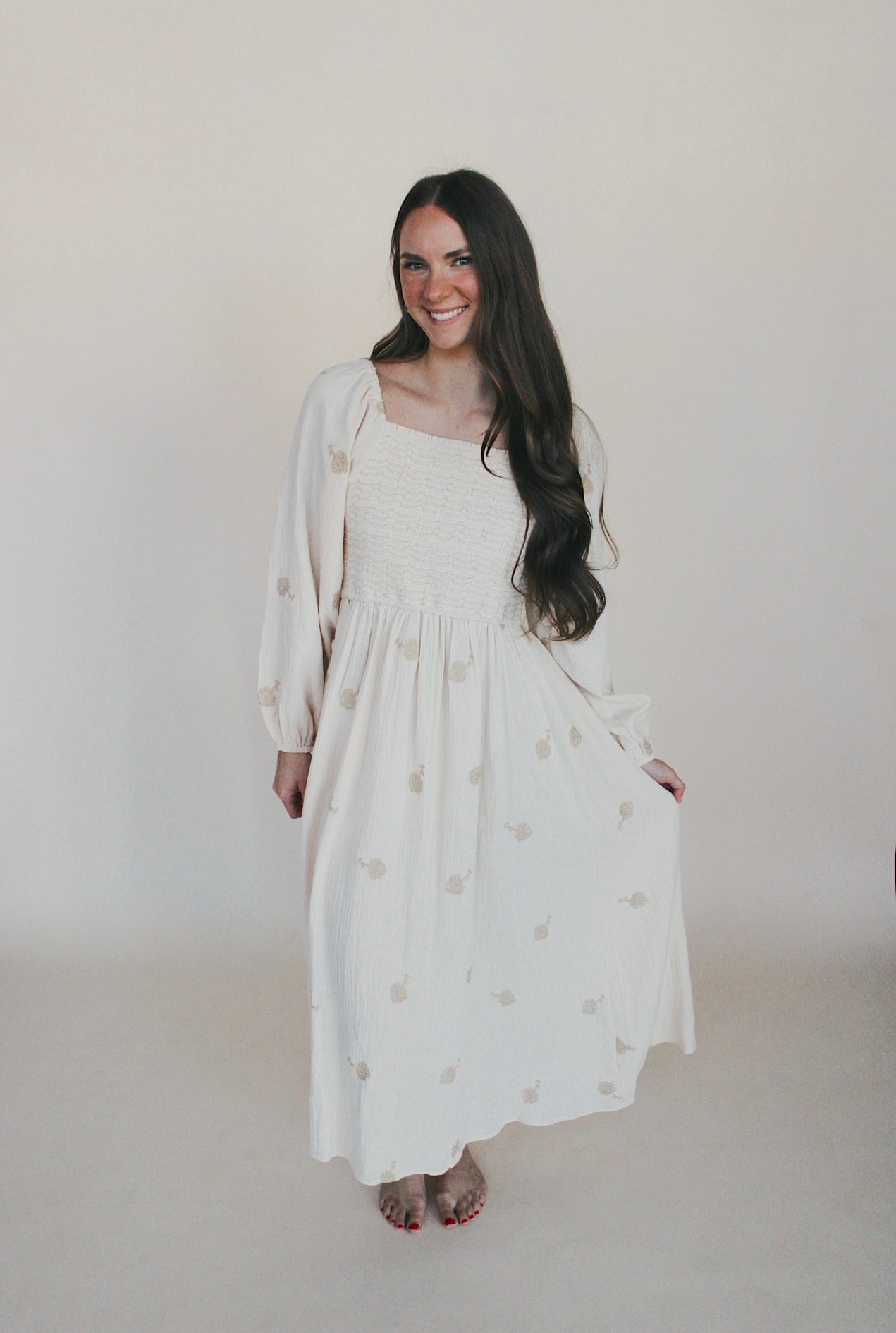 Flower Accent Smocked Midi Dress