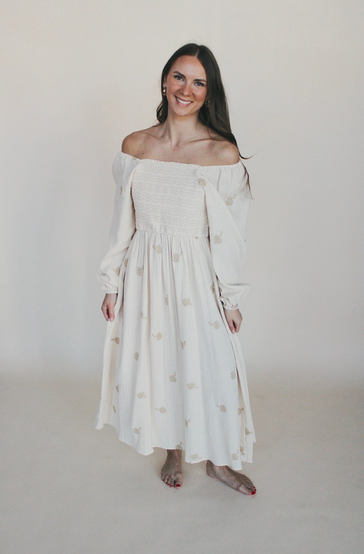 Flower Accent Smocked Midi Dress
