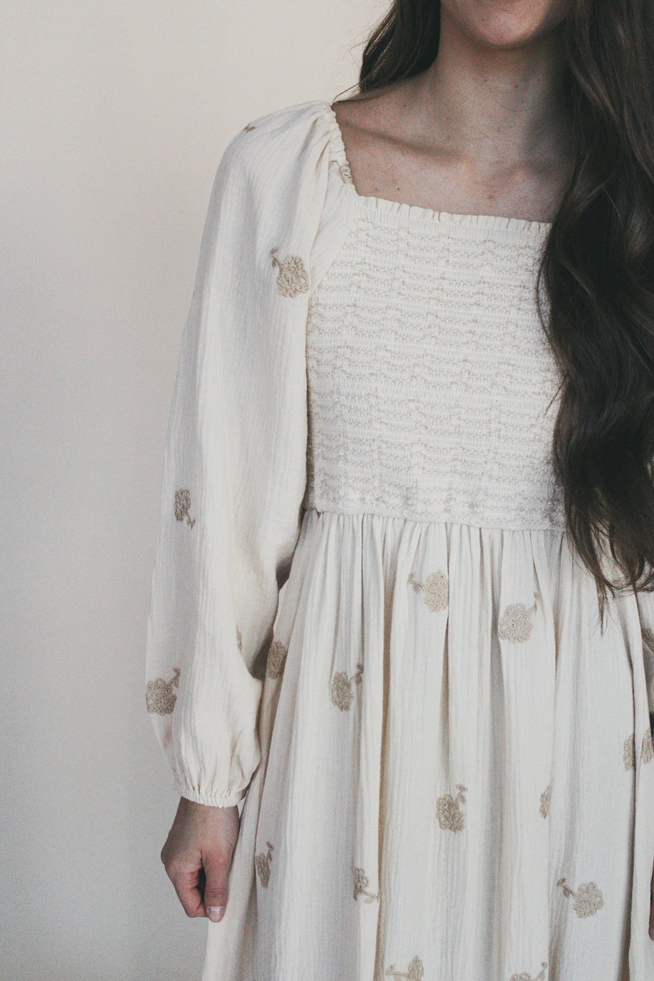 Flower Accent Smocked Midi Dress