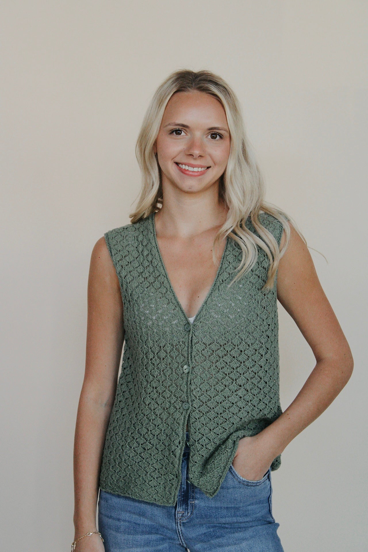 Button Up V-Neck Knit Tank