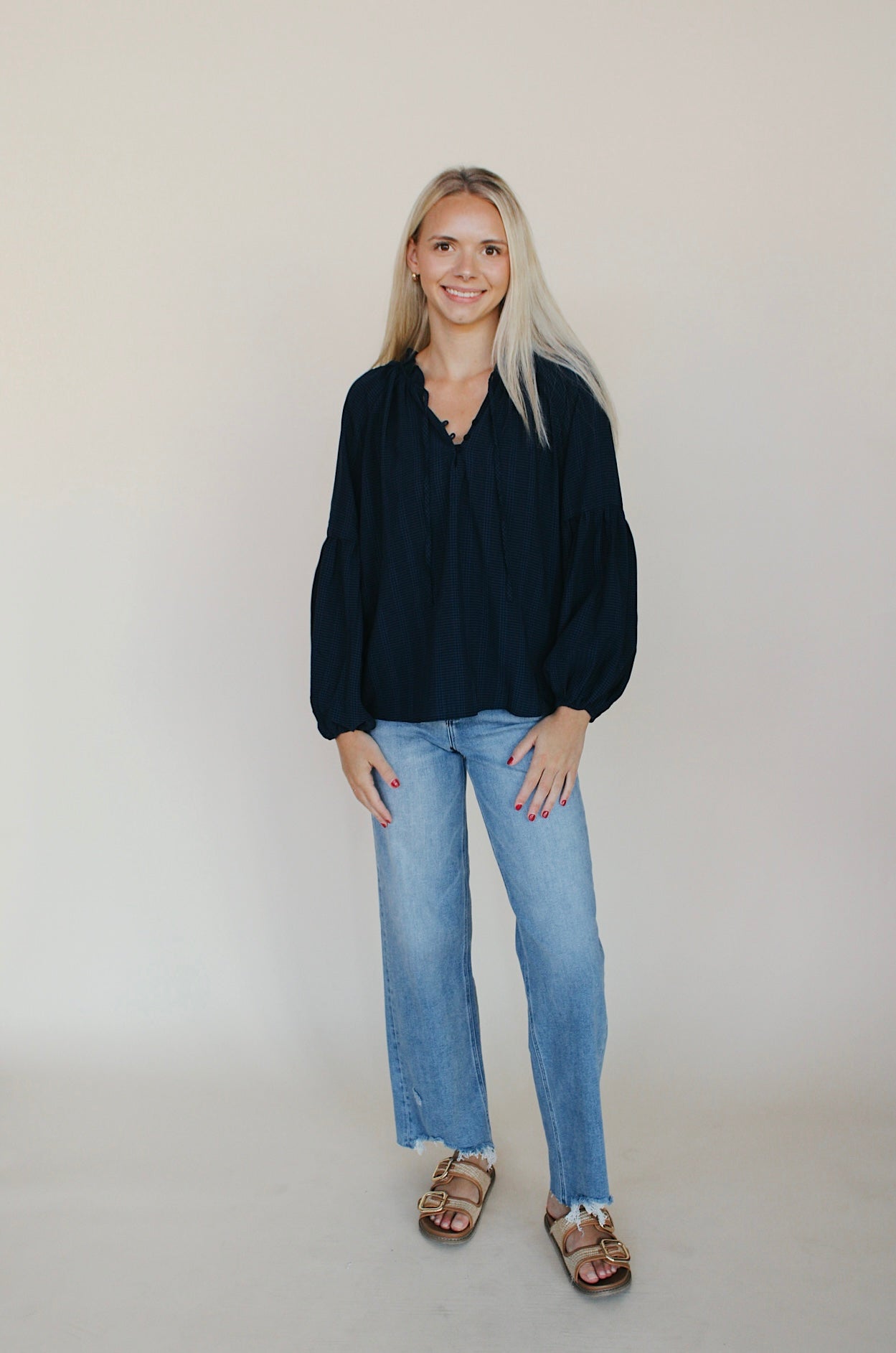 Tiered Balloon Sleeve Check Blouse